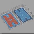 Two Basketball Courts With Red And Blue Surfaces Surrounding Fencing And Hoops