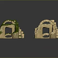 Wood And Stone Architectural Structures With Archways Mossy Walls And Green Plants