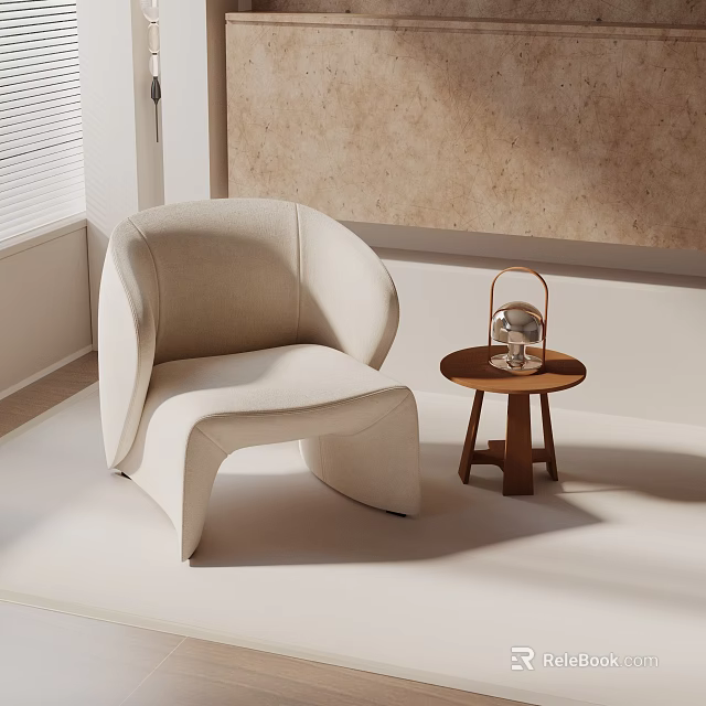 Modern Beige Upholstered Lounge Chair With Wooden Side Table And Decorative Lantern Near Textured Wall 3d model 