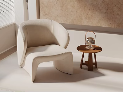 Modern Beige Upholstered Lounge Chair With Wooden Side Table And Decorative Lantern Near Textured Wall 3d model