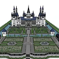 European Style Architecture Grand Castle With Spires Central Dome And Manicured Gardens