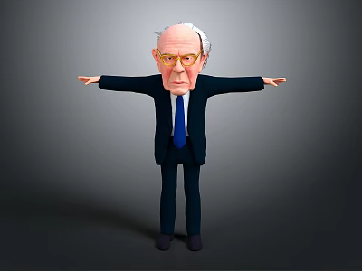 3D Cartoon Game and Movie Character of Elderly Man in Suit with Glasses Arms Outstretched 3d model