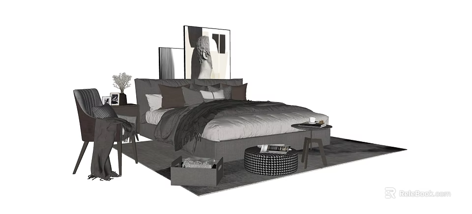Modern Minimalist Double Bed With Gray Bedding Pillows And Bedside Tables 3d model