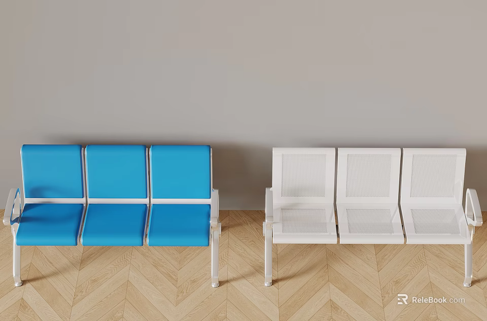 Blue And White Three Seat Public Chairs Design For Waiting Area With Wooden Floor 3d model 