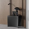Dark Wood Grain Wall With Vertical Lines And Black Cabinets On Both Sides Holding Decorative Items