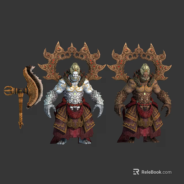 Mythical Warrior Characters With Ornate Head Halos And Battle Axe Weapon Attire 3d model 