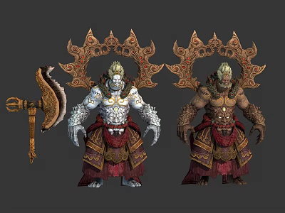 Mythical Warrior Characters With Ornate Head Halos And Battle Axe Weapon Attire 3d model
