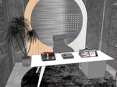 Modern Office Desk Setup With Palm Plant Circular Wooden Wall And Office Chair 3d model