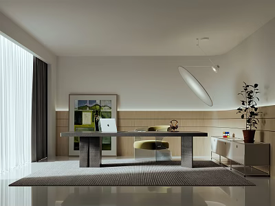 Modern Home Office With Curved Floor Lamp Potted Plant And Wooden Desk On Area Rug 3d model
