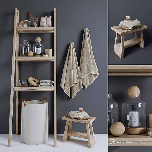 Linen Bathroom Accessories With Wooden Shelf Towels Stool And Glass Jars 3d model 