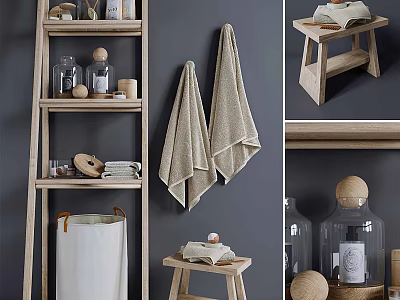 Linen Bathroom Accessories With Wooden Shelf Towels Stool And Glass Jars 3d model