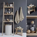 Linen Bathroom Accessories With Wooden Shelf Towels Stool And Glass Jars
