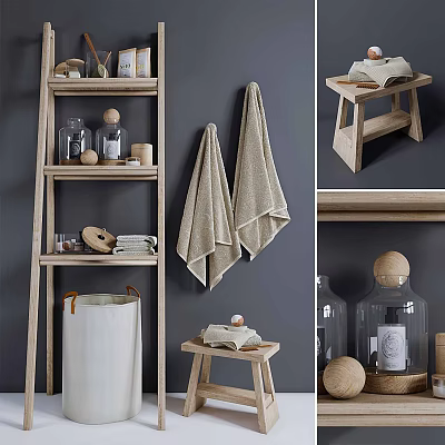 Linen Bathroom Accessories With Wooden Shelf Towels Stool And Glass Jars 3d model