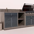Modern Dining Kitchen Interior With Grill Roasting Meat Sink And Blue Louvered Cabinets