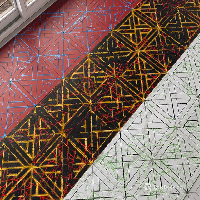 Colorful Floor Tiles With Red Black White Geometric Patterns And Patchwork Design 3d model 