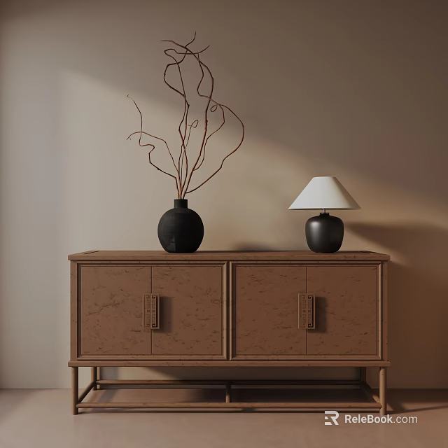 Wooden Entryway Cabinet Sideboard With Black Vase Dried Branches And Table Lamp 3d model 