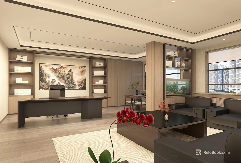 Modern Office Interior Design With Executive Desk Sofa Bookshelves And Landscape Painting 3d model 