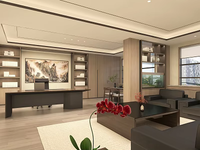Modern Office Interior Design With Executive Desk Sofa Bookshelves And Landscape Painting 3d model