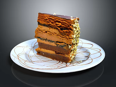 Delicious Layered Chocolate Cake With Creamy Layers And Nut Toppings On White Patterned Plate 3d model