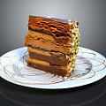Delicious Layered Chocolate Cake With Creamy Layers And Nut Toppings On White Patterned Plate