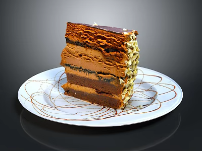 Delicious Layered Chocolate Cake With Creamy Layers And Nut Toppings On White Patterned Plate 3d model
