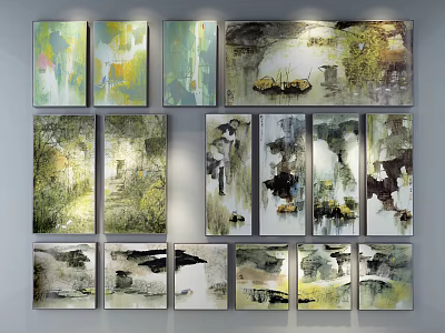 Abstract Landscape Paintings With Green Yellow Tones And Natural Tree Water Elements 3d model