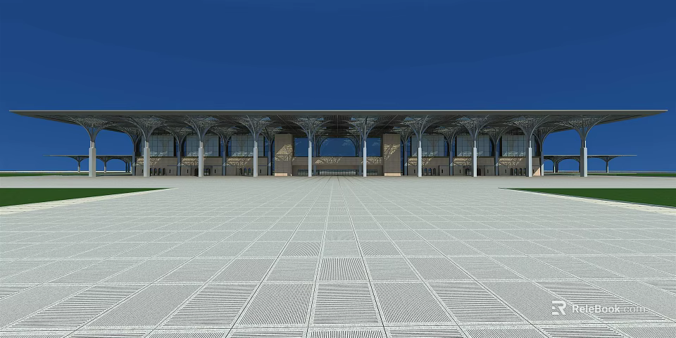 Grand Architectural Exterior With Symmetrical Columns And Open Plaza Under Blue Sky 3d model 