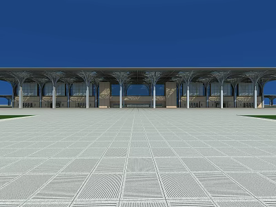 Grand Architectural Exterior With Symmetrical Columns And Open Plaza Under Blue Sky 3d model