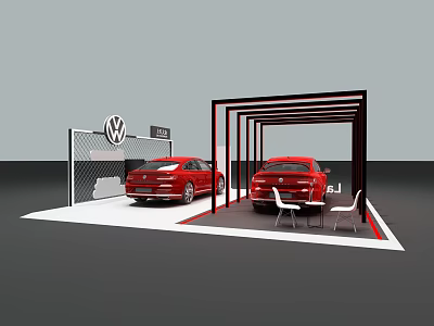 Red Volkswagen Cars Display At Exhibition Stand With White Tables And Chairs 3d model