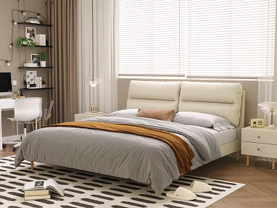 Modern Beige Double Bed with Leather Headboard Grey Bedding Brown Throw Wooden Nightstand and Window Blinds 3d model