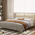 Modern Beige Double Bed with Leather Headboard Grey Bedding Brown Throw Wooden Nightstand and Window Blinds