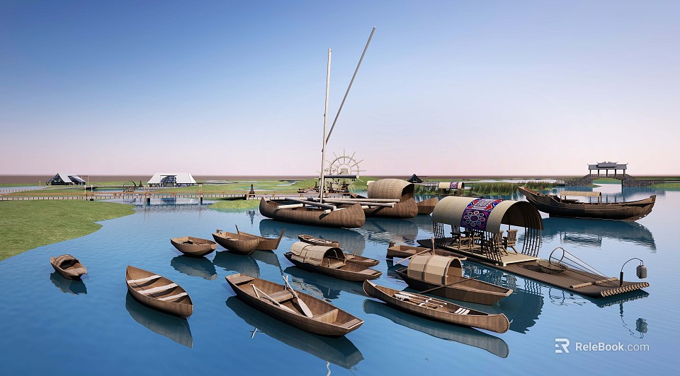 Traditional Wooden Boats And Floating Huts With Thatched Roofs On Calm Water 3d model 