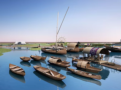 Traditional Wooden Boats And Floating Huts With Thatched Roofs On Calm Water 3d model