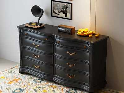 Vintage Black Entryway Cabinet Sideboard With Gold Handles Gramophone Radio And Lemons On Rug 3d model