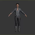 Woman in Blue Denim Shirt and Dark Jeans Standing with Open Arms on Gray Background