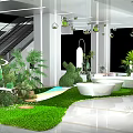 Modern Floral Art Installation With Hanging Plants Round Planters Staircase And Mirrored Floor