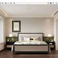 Elegant Modern Bedroom Interior With Wooden Floor Ceiling Light Strip Decorative Painting Nightstands And Lamps