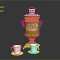 Golden Decorative Samovar With Engraved Pattern And White Tea Cups On Saucers