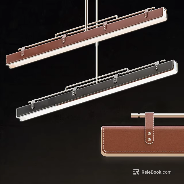Modern Linear Pendant Light With Brown Leather And Black Metal Hanging Structure 3d model 