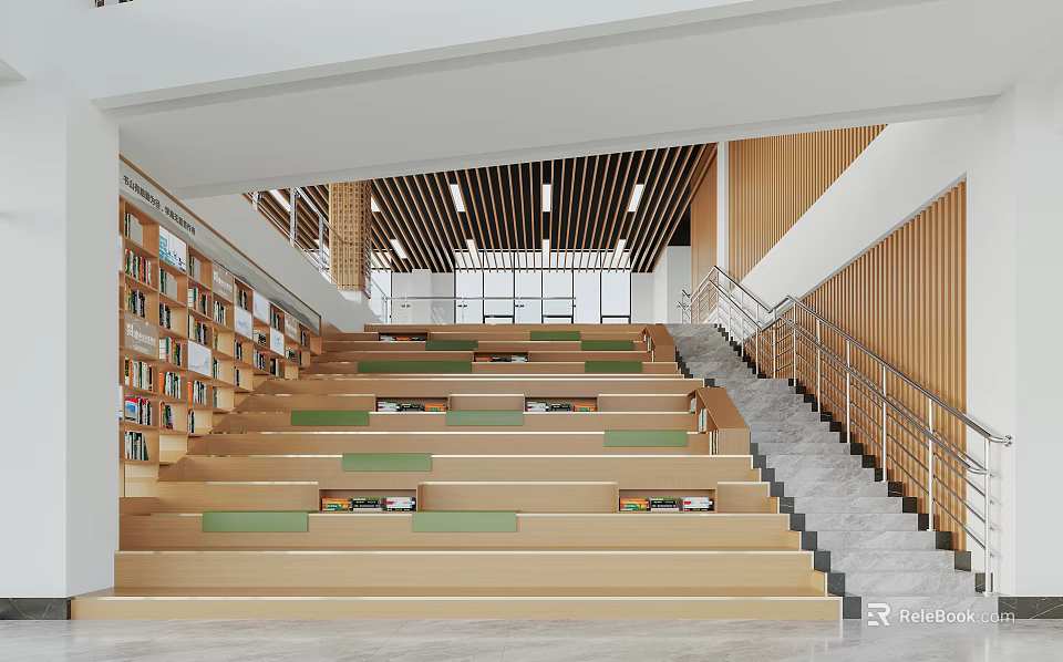 Modern Library Art Interior Design With Staircase Seating And Wooden Bookshelves 3d model 
