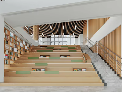 Modern Library Art Interior Design With Staircase Seating And Wooden Bookshelves 3d model