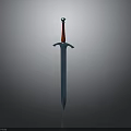 Medieval Sword with Red Hilt Silver Metal Blade Crossguard Design and Reflection on Dark Surface