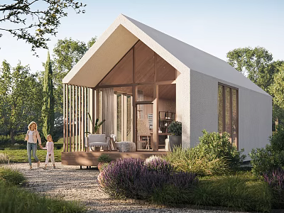 Modern Detached Villa With White Facade Large Glass Windows Wooden Elements Garden And People Walking 3d model