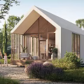 Modern Detached Villa With White Facade Large Glass Windows Wooden Elements Garden And People Walking