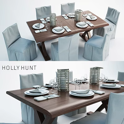 Elegant Dining Table And Chairs Set With Wooden Top Grey Upholstered Seats And Tableware 3d model