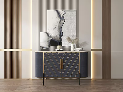 Stylish Entryway Sideboard Cabinet With Gold Line Design And Decorative Items 3d model