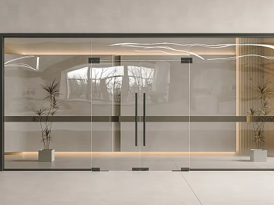Glass Double Doors In Modern Interior With Potted Plants And Bright Lighting 3d model