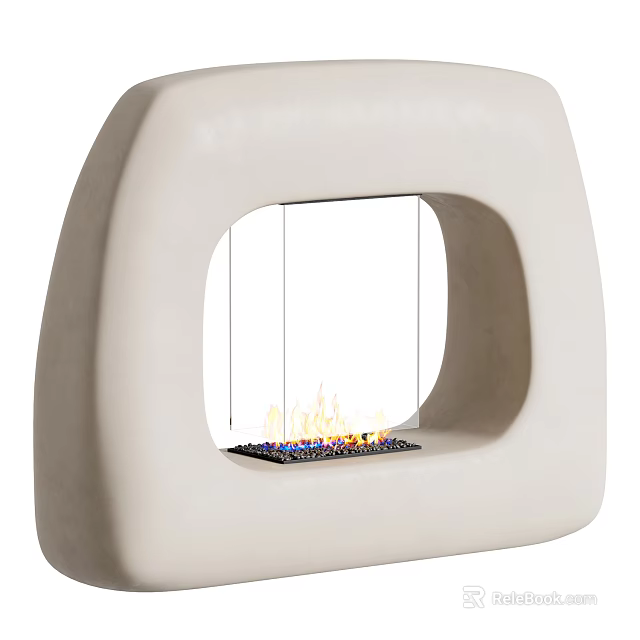 Modern Light Colored Fireplace With Flames And Stylish Frame Design 3d model