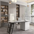 Modern Office Desk Setup With Laptop White Chair Shelves Books And Decorative Plant Vase
