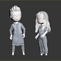Two 3D Characters With White Hair Glasses Blue Jumpsuits Standing On Gray Background